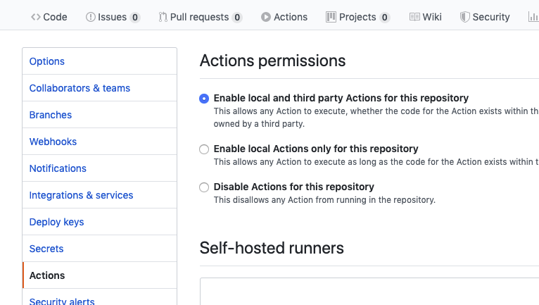 Enabling actions on a GitHub repository