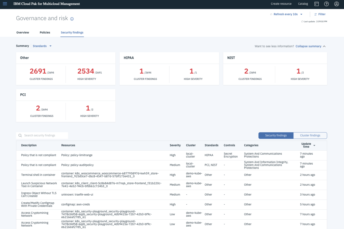 Security findings list view in IBM Cloud Pak for Multicloud Management