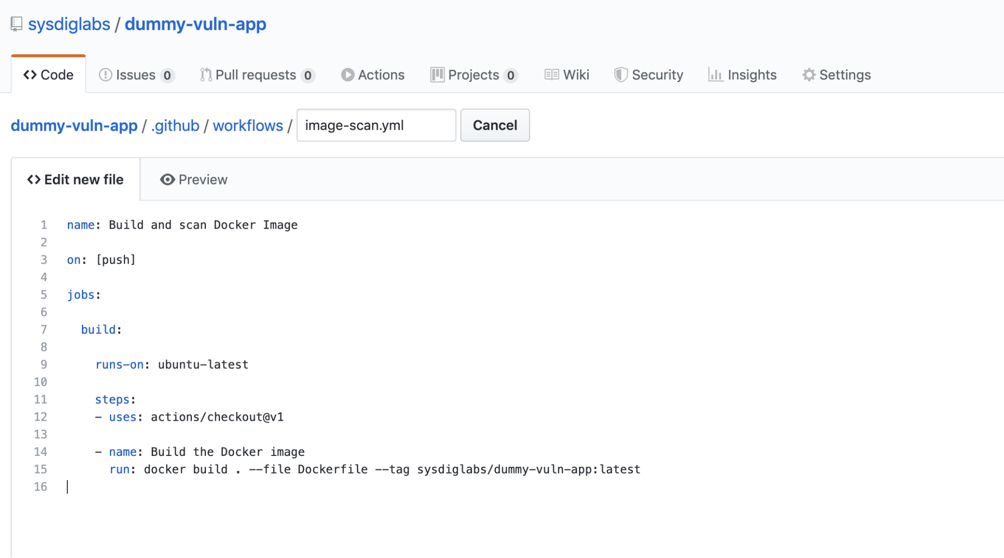 The workflow definition to perform image scanning with GitHub Actions