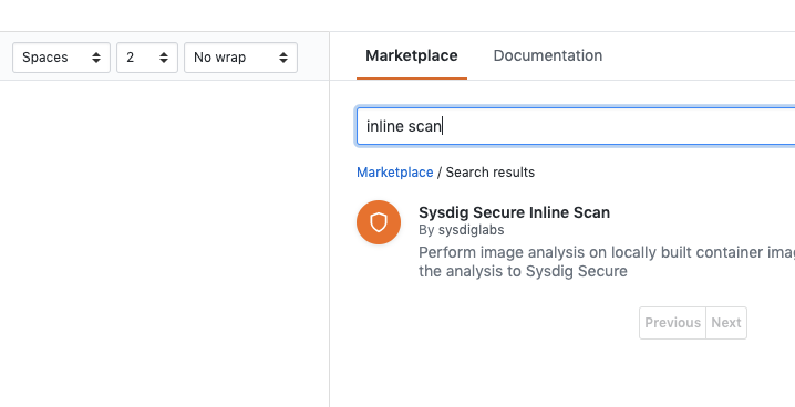 Find the inline image scanning for GitHub Actions in the marketplace by searching inline scanning