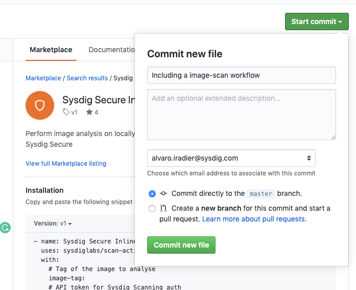 The start commit in GitHub actions