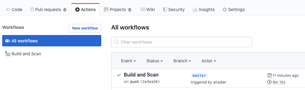 Browsing the workflows in GitHub Actions