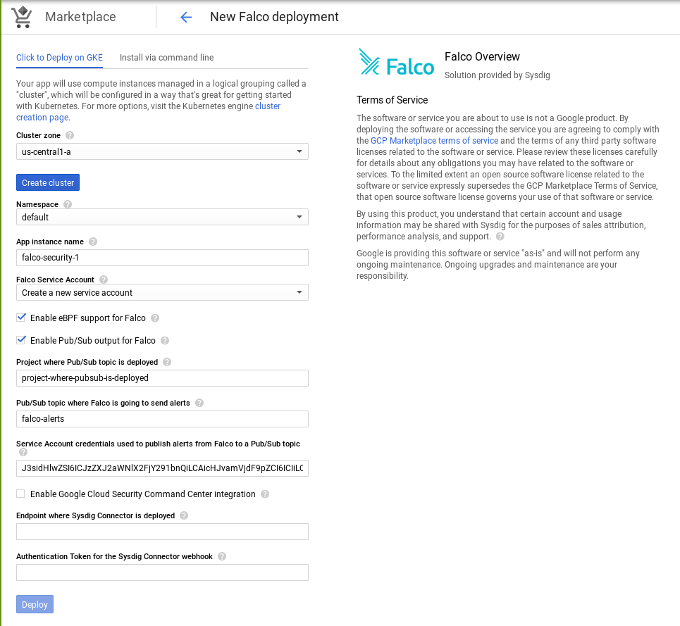 Install Falco on GKE using Google Marketplace for Kubernetes Apps