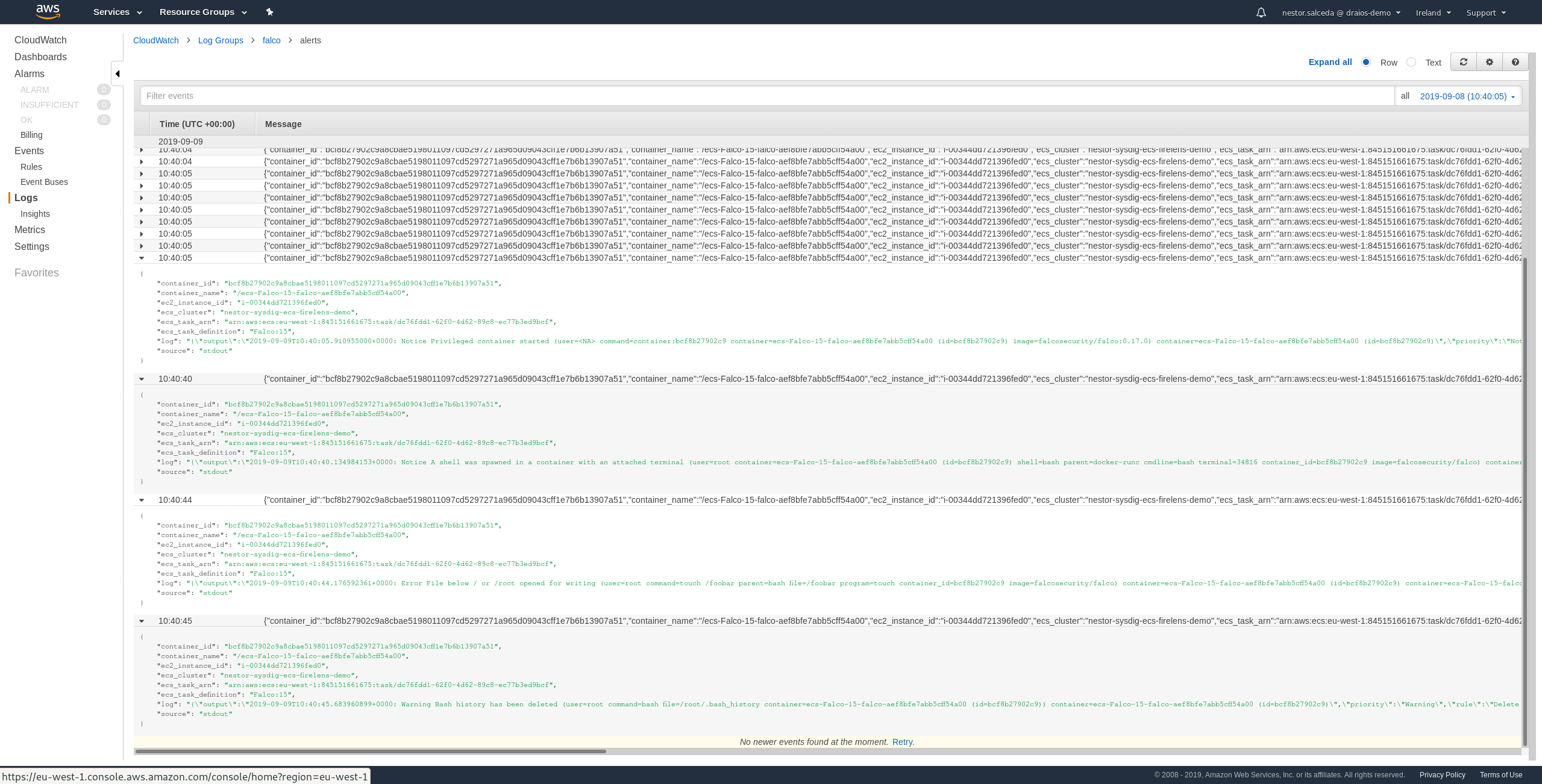 CloudWatch displaying the JSON messages read from Falco thanks to FireLens