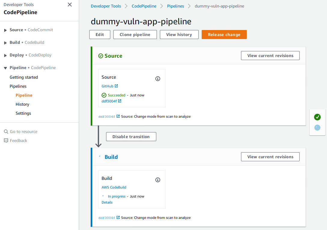 An AWS CodePipeline being executed