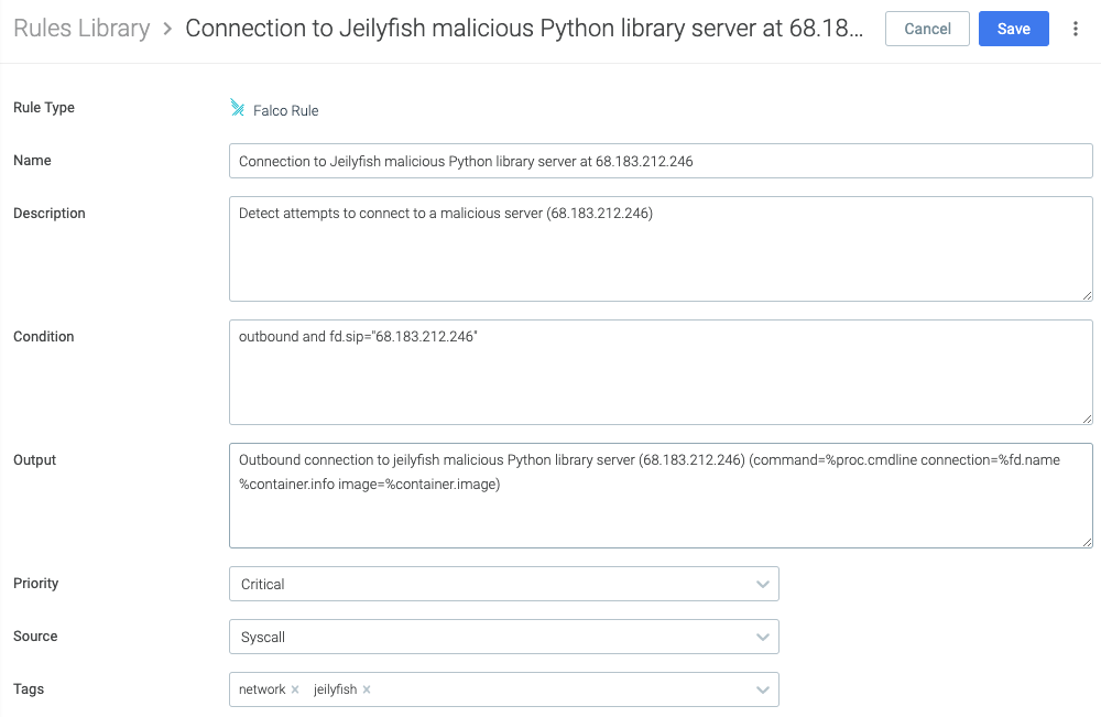 Falco rule to detect connections to jeilyfish malicious Python library server IP address