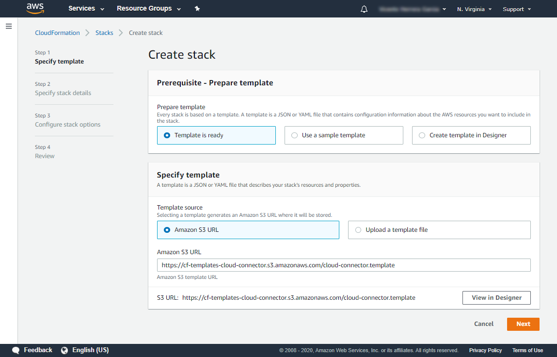The Sysdig Cloud Connector template, the create stack step