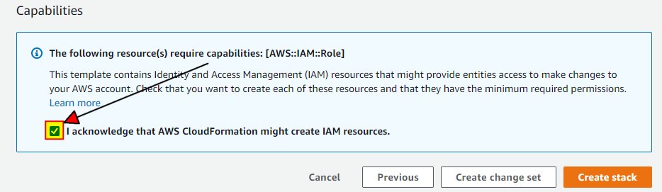 The Sysdig Cloud Connector template, acknowleding IAM resource creation