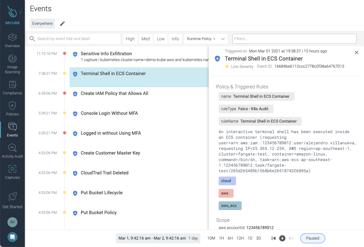 Amazon ECS Exec event in Sysdig Secure