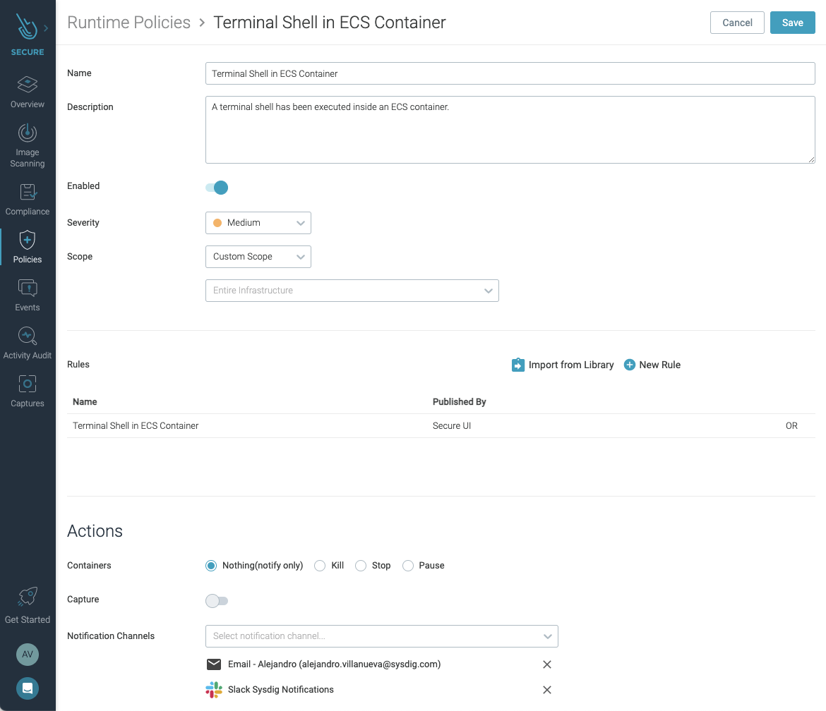 Amazon ECS Exec policy in Sysdig Secure