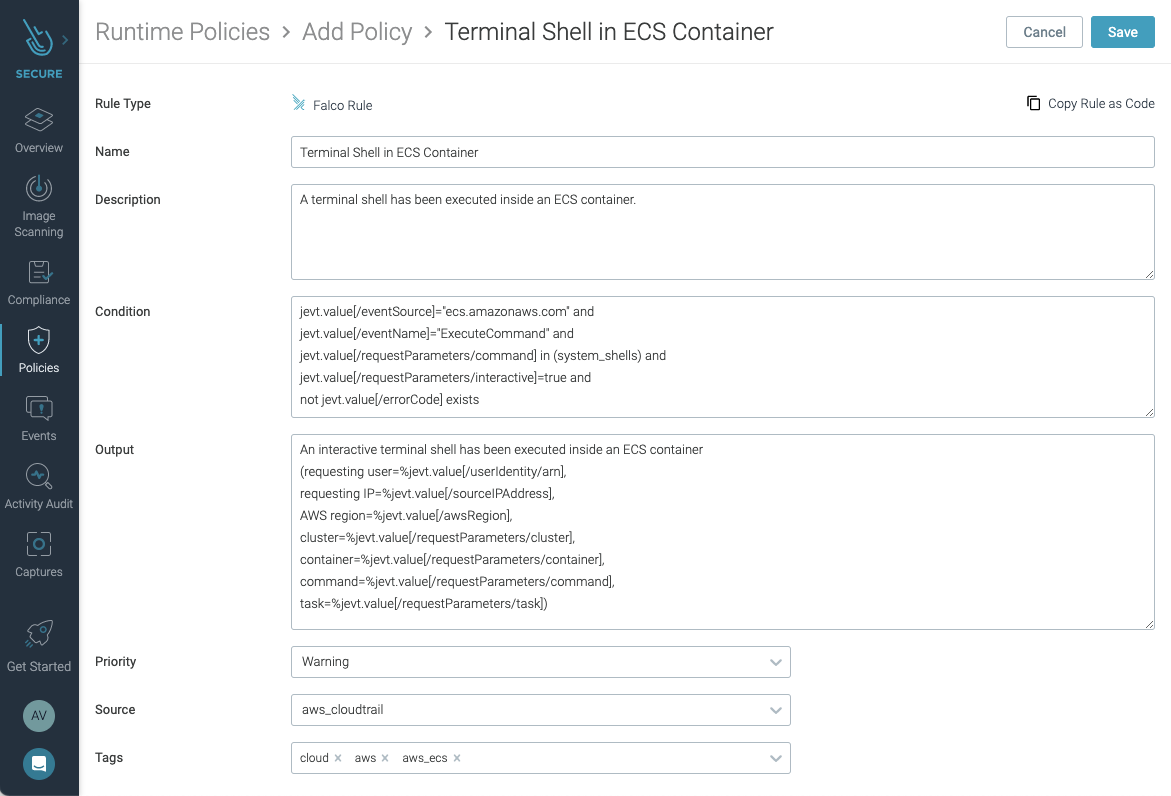 Amazon ECS Exec rule in Sysdig Secure