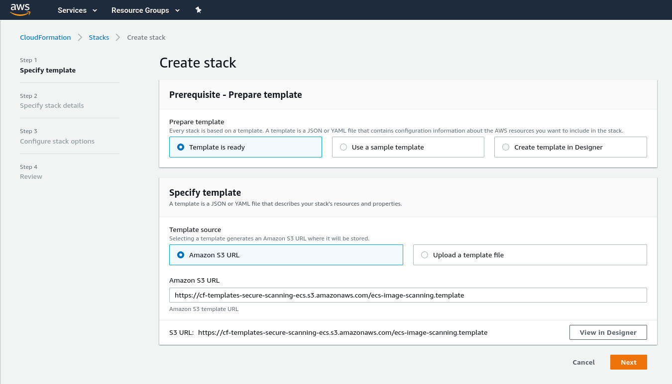 CloudFormation template to set up Fargate image scanning - The create stack step