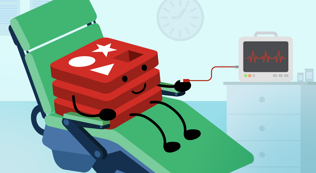 Cute redis logo (with a smile, arms and legs) is laid on a doctor's chair, while having a checkup