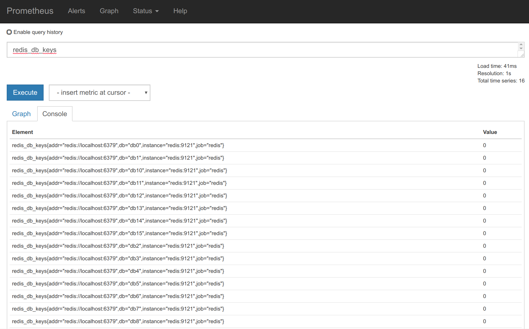 Redis metric query example in Prometheus Web UI