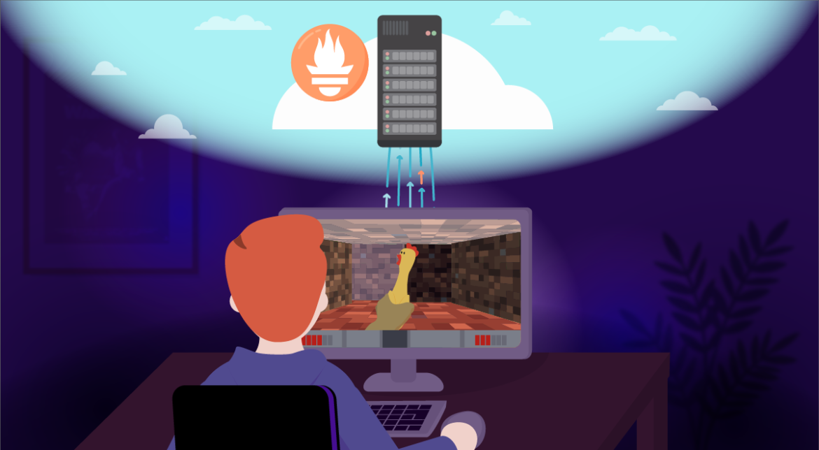 Illustration showing a red haired person playing a first person shooter like videogame, with some lines (metrics) flowing into a cloud with the Prometheus logo on it