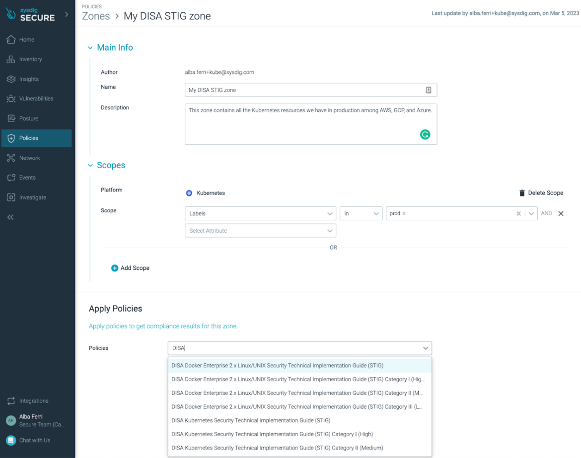 DISA STIG compliance for Docker and Kubernetes with Sysdig Secure