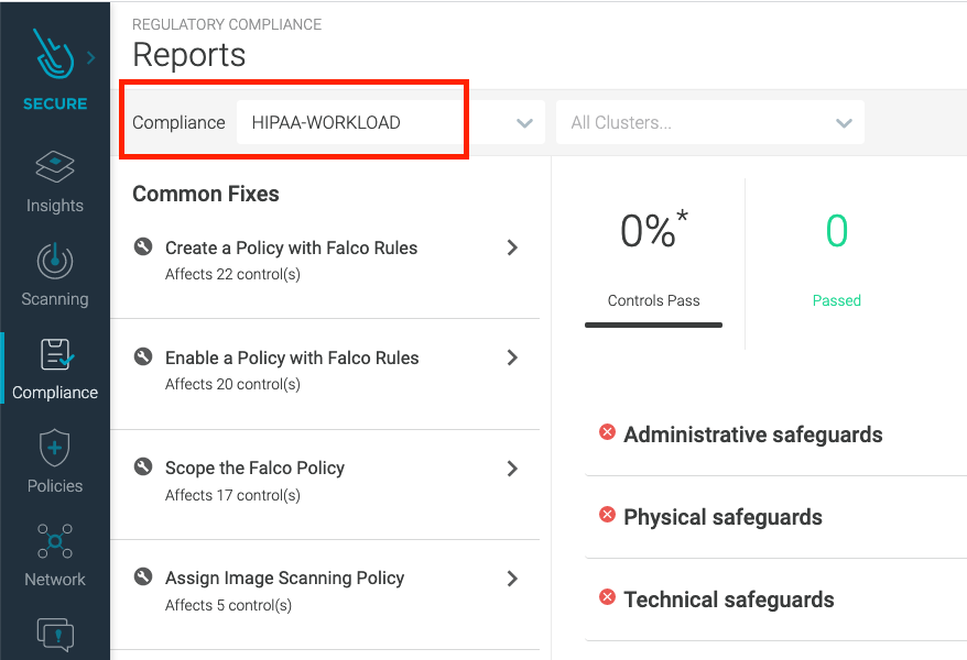 Sysdig Secure screenshot showing HIPAA-WORKLOAD compliance report