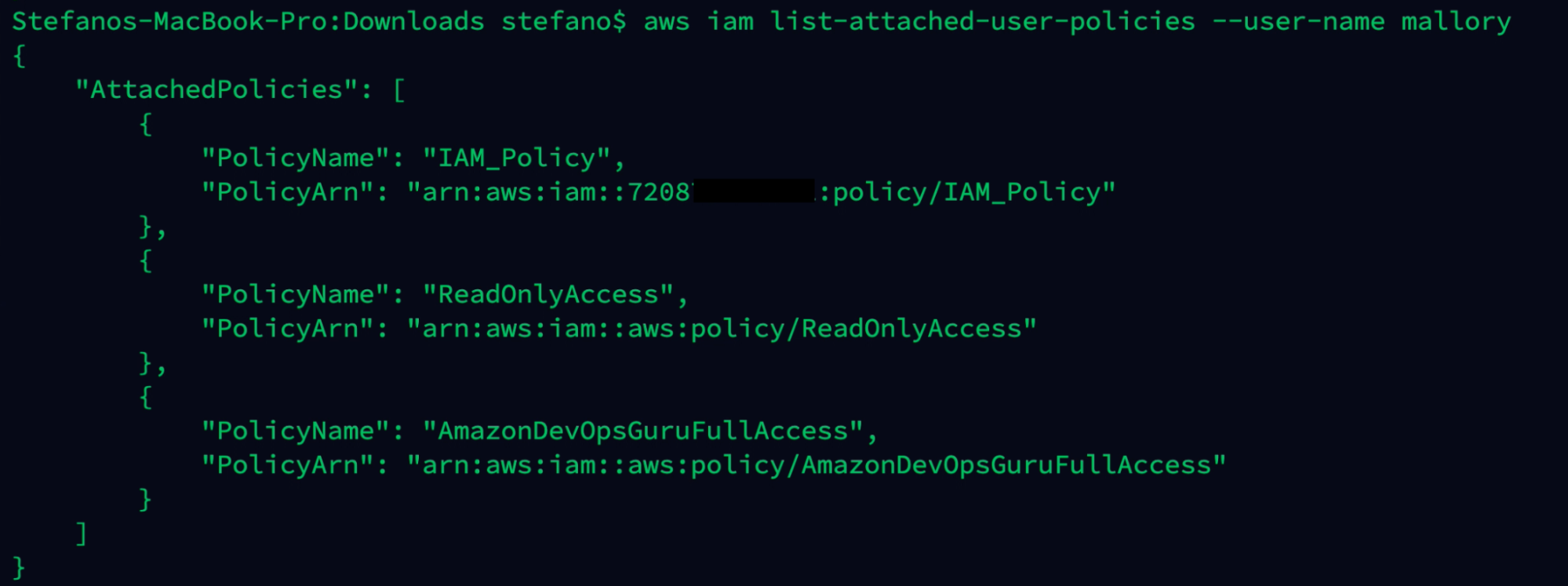 Output AWS command with a list attached user policies