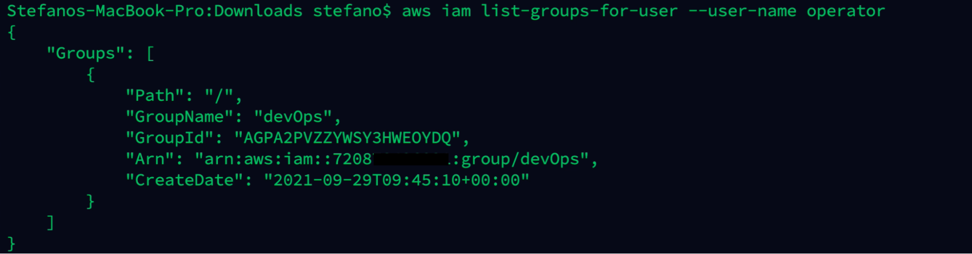 Output AWS command list group for user