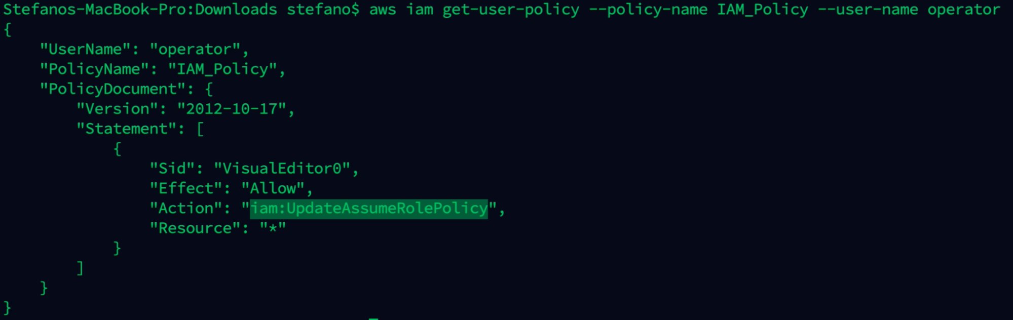 Output AWS command get user policy
