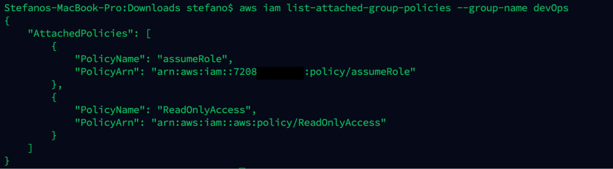Output AWS command list attached group policies