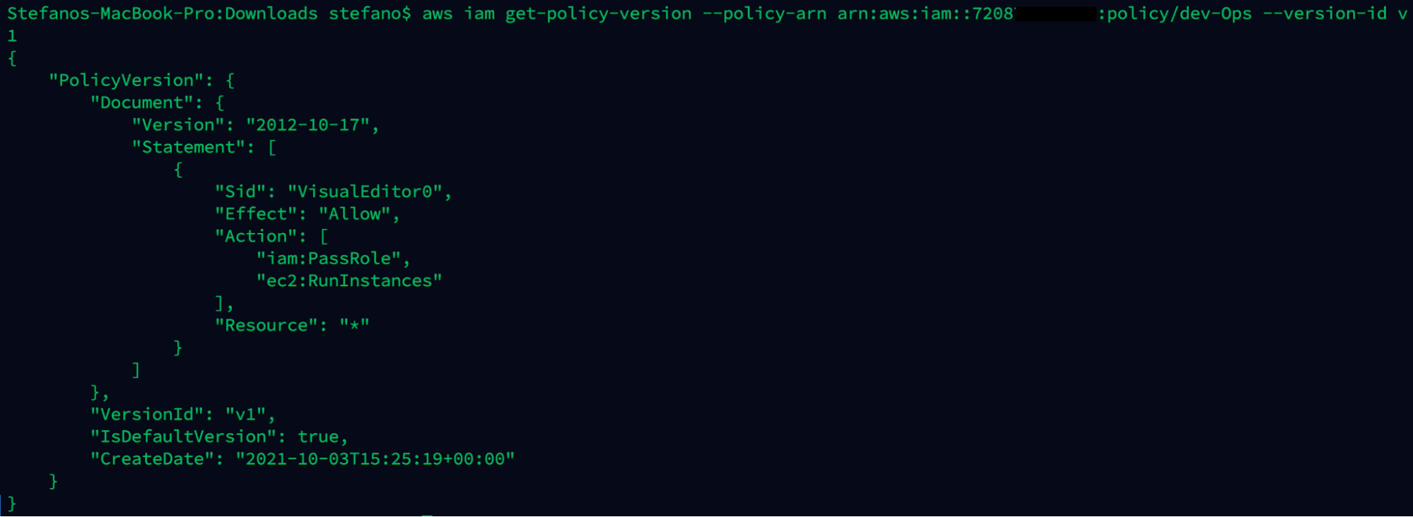 Output AWS command get policy version