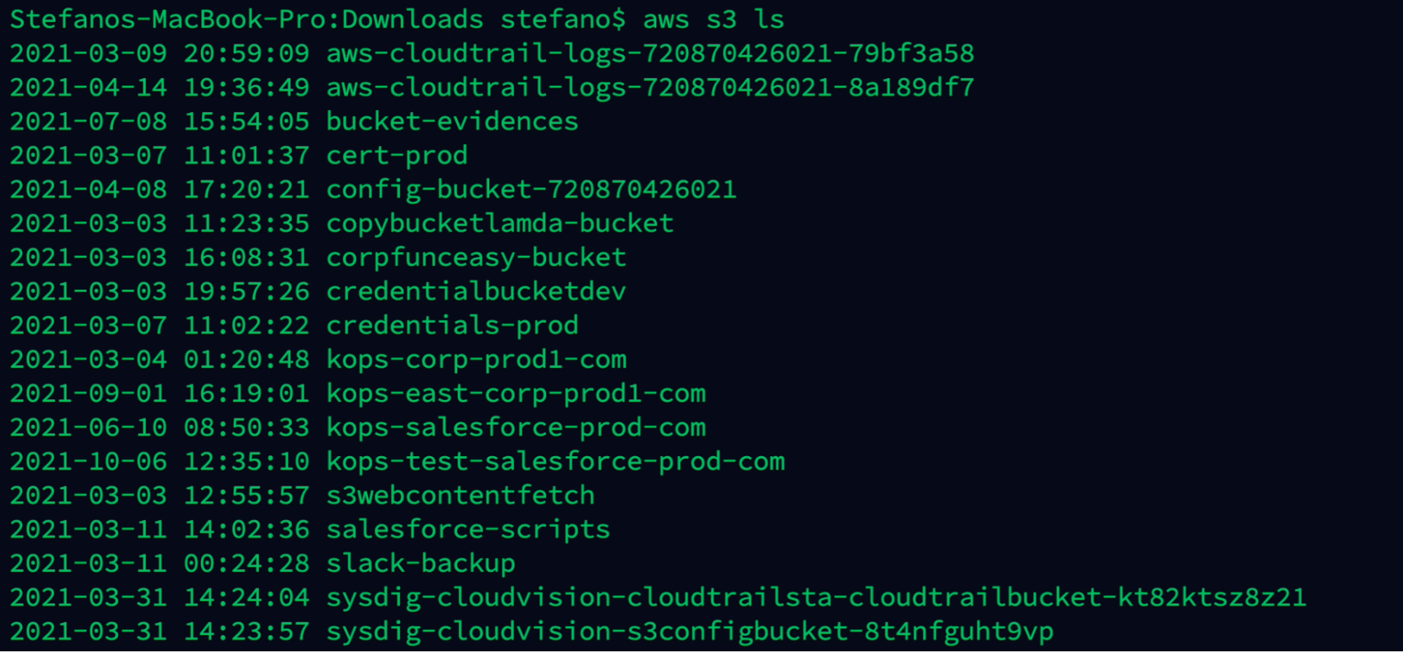 Output S3 list buckets command