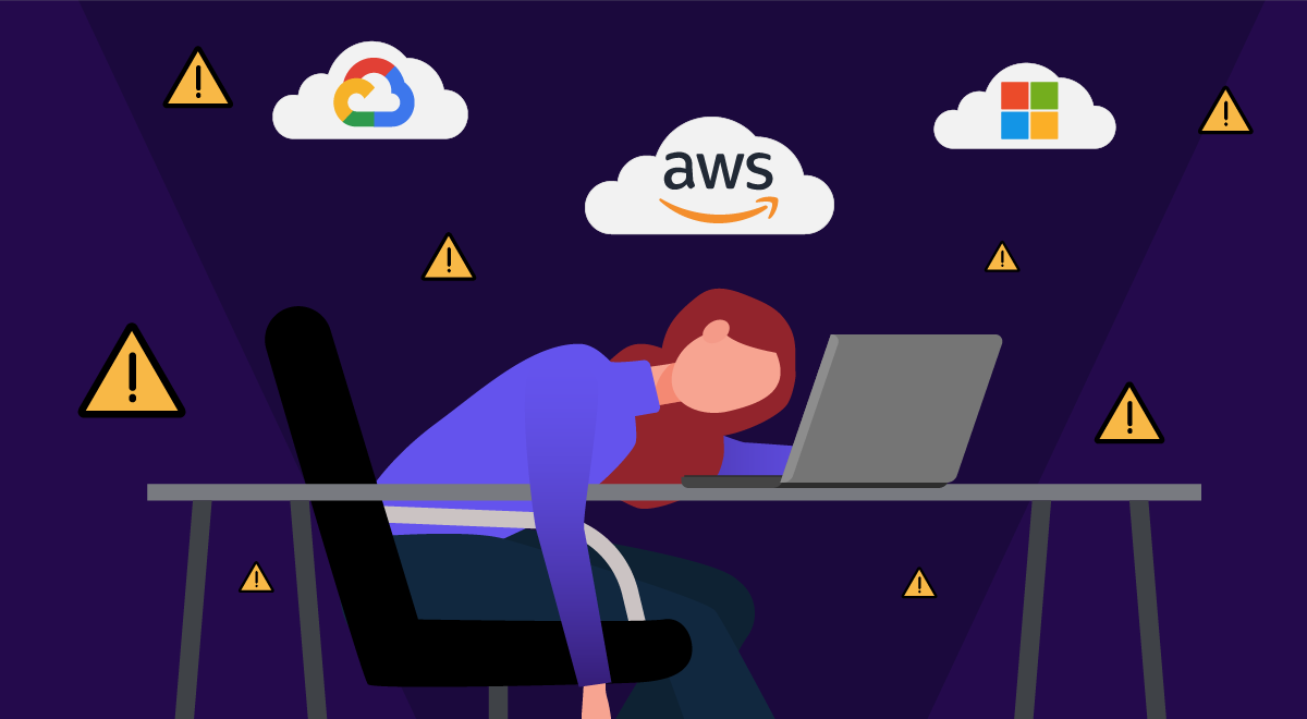 Girl slumped on a desk in front of a laptop. Above her head float 3 clouds with the AWS, Microsoft, and Azure logo.