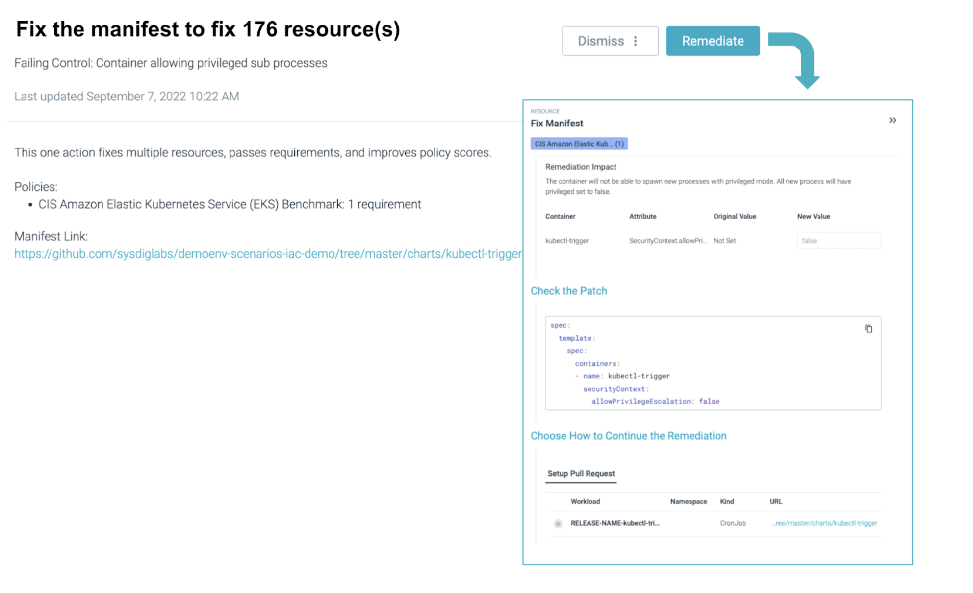 Screenshot showing where ToDo has identified where a slight change in a Kubernetes IaC (Infrastructure as Code) manifest file can fix a failing compliance control across many resources at once.