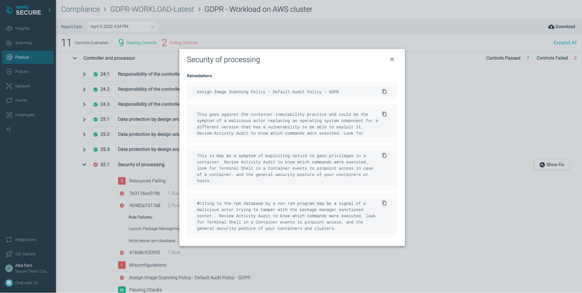 An overview of your GDPR security posture findings and how to resolve compliance violations.