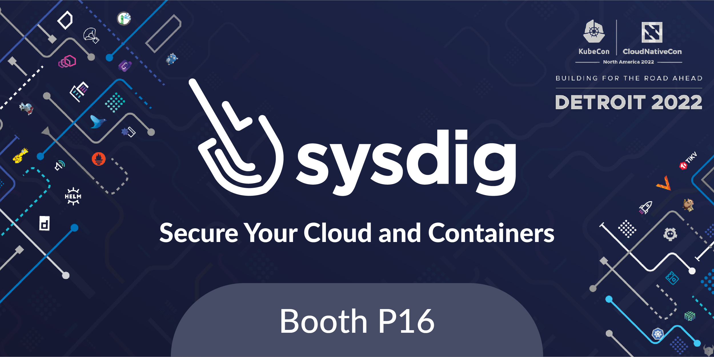 General Participation card for KubeCon 2022: Sysdig booth is Booth P16