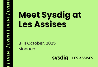 Promotional banner for Sysdig at Les Assises 2025. Event details: October 8–11, 2025 in Monaco. Logos for Sysdig and Les Assises are shown on a light green background.