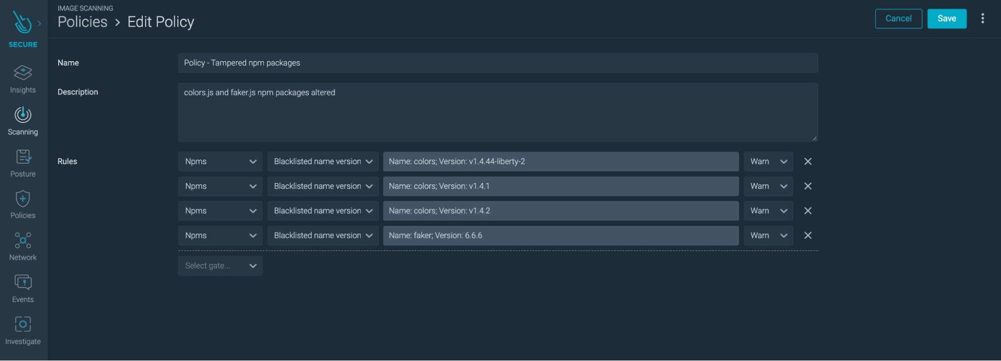 Sysdig secure dashboard alert configuration