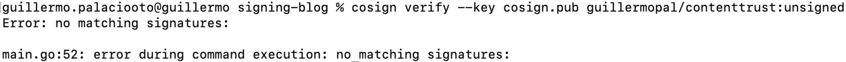 Cosign verify no matching signatures error