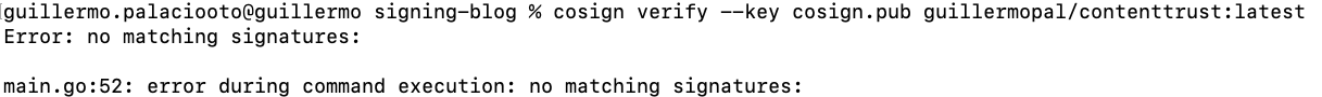 Cosign verify error no matching signatures