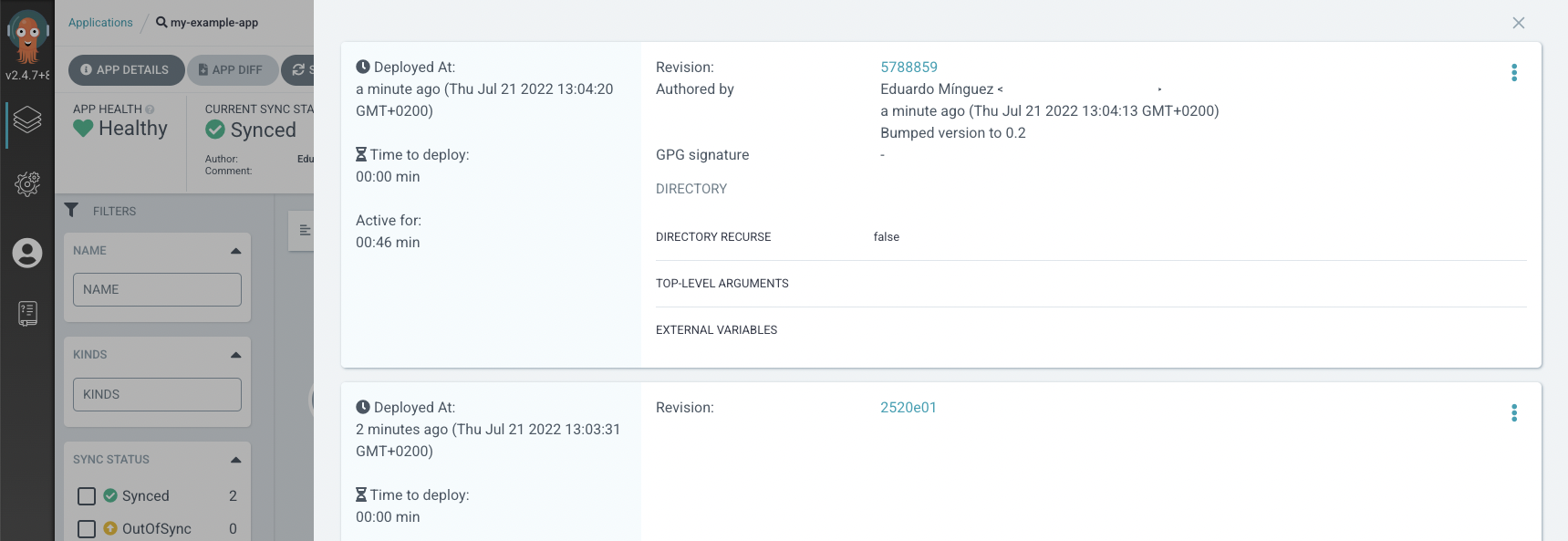 Detail of the deployment performed by the GitOps tool shown in the GitOps UI