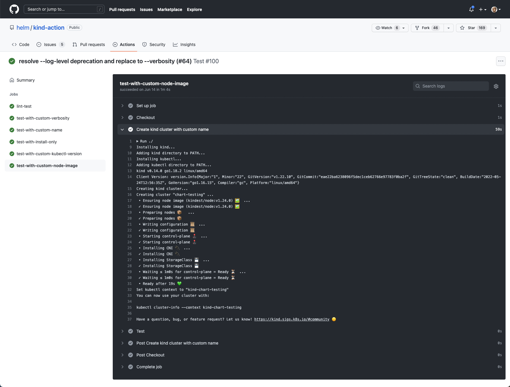 GitHub UI showing a GitHub action log deploying a Kind Kubernetes cluster