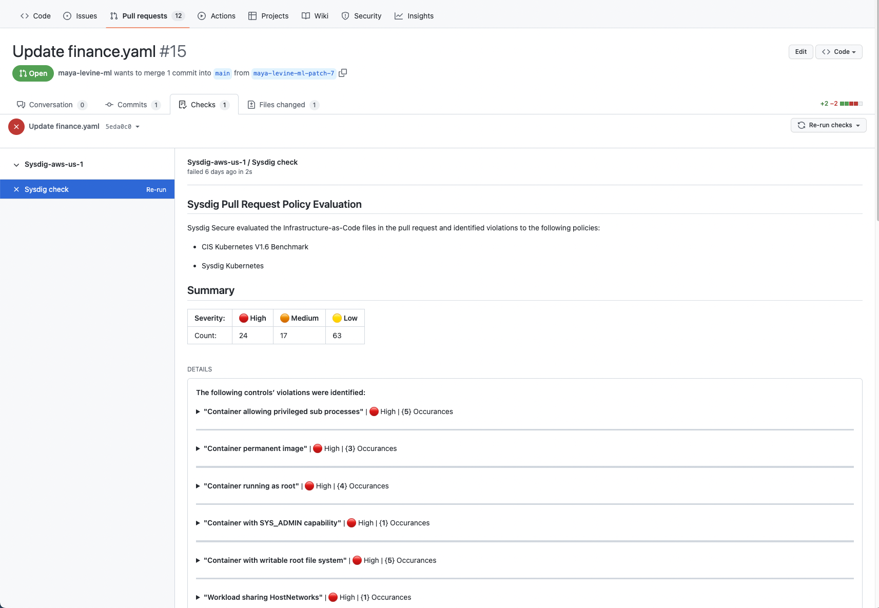 GitHub UI showing a detailed view of policies checking the code directly in the pull-request