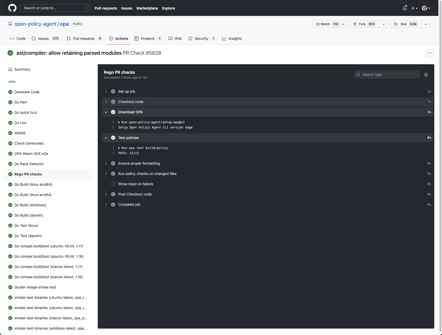 GitHub UI showing the output of a GitHub action running OPA policies against the change performed