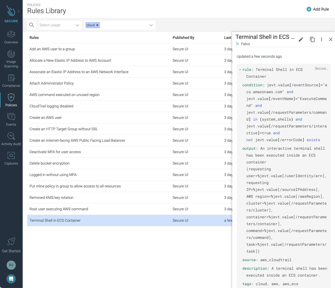 Sysdig Secure security rules library