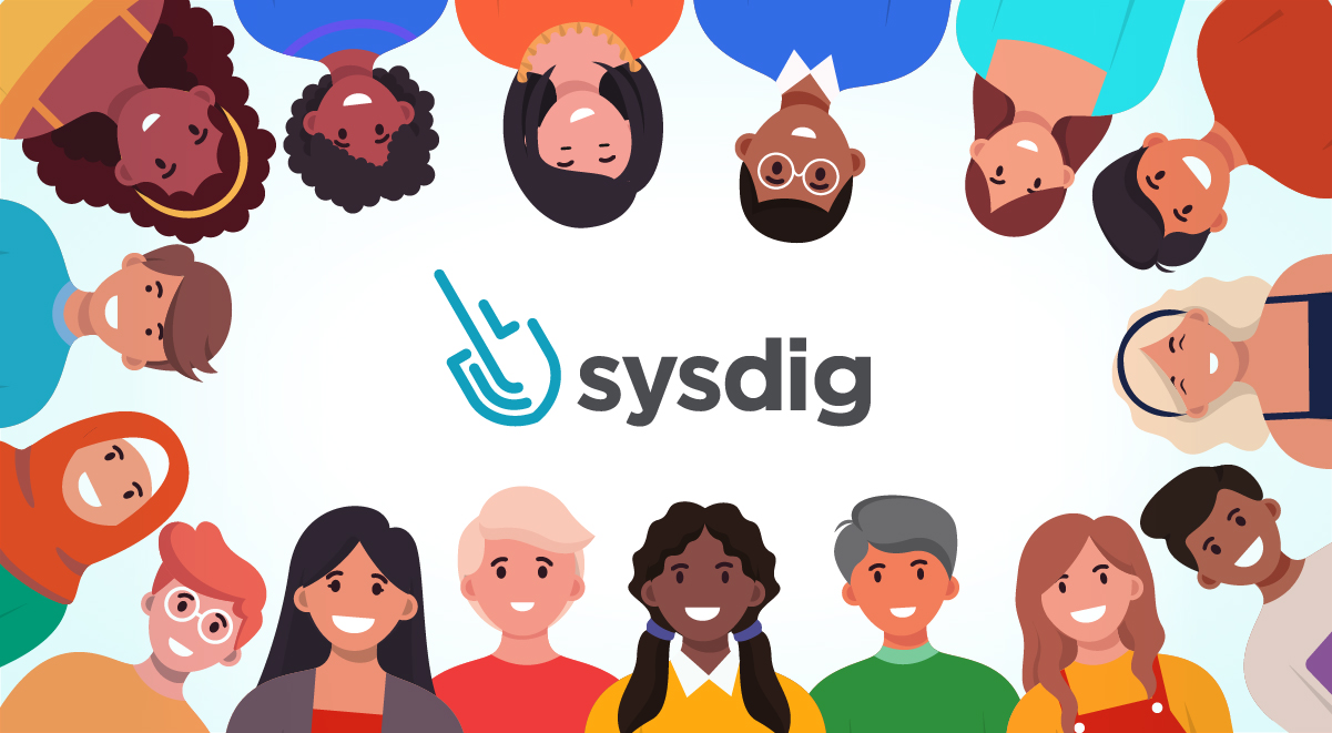 A diverse group of people around the Sysdig logo