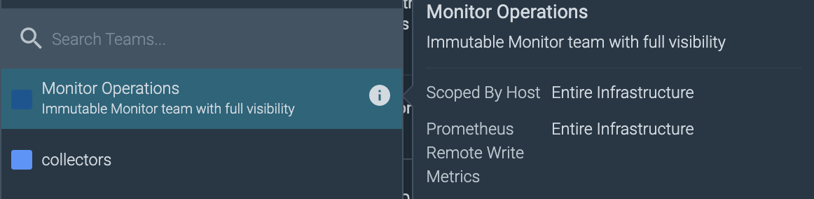 Detail of the metrics access policy by hovering into the info icon