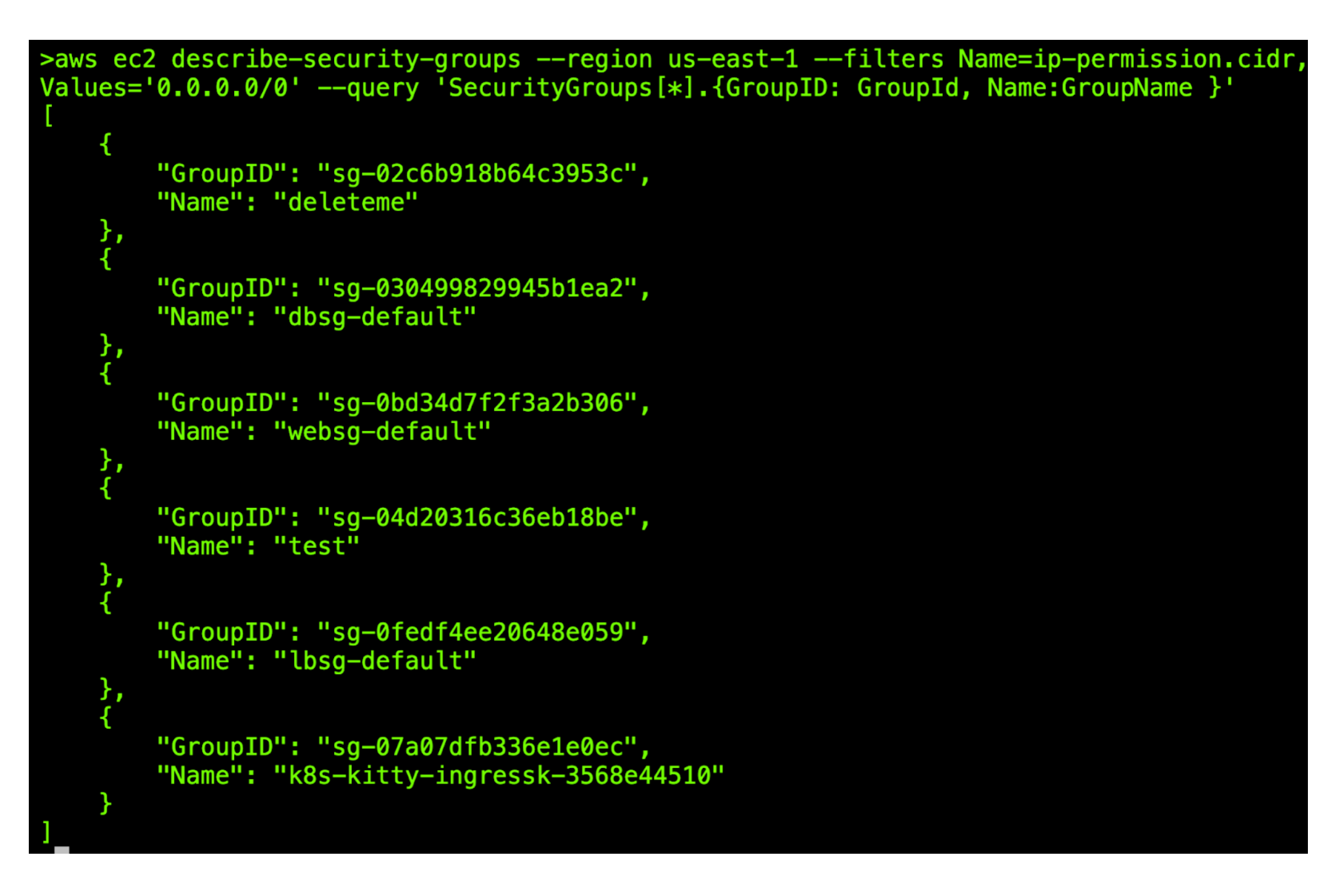 AWS CLI describing Security Groups