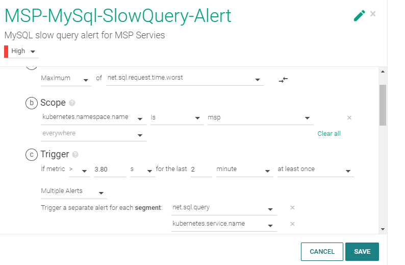 An alert for slow MySQL queries, Sysdig Monitor screenshot