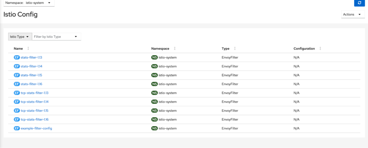 Istio config envoy filters in Kiali dashboard.