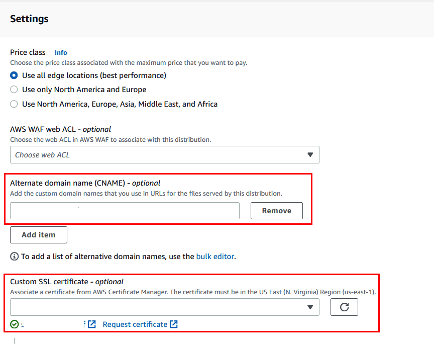 AWS Cloudfront console general settings menu.