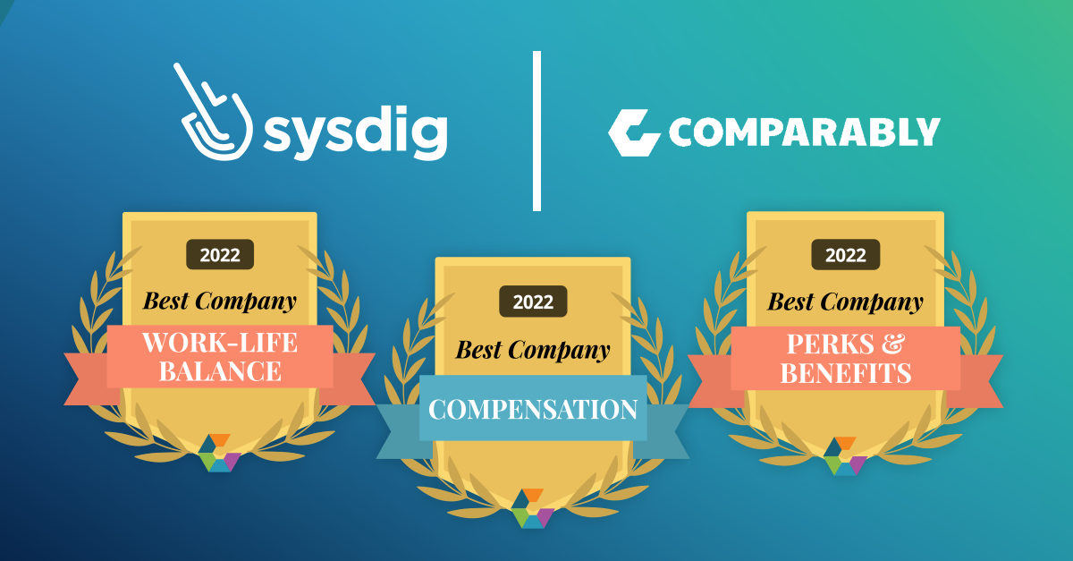Blue Background with the Sysdig and Comparably logos and three badges: Best Company: Work-Life Balance, Compensation, Perks & Benefits