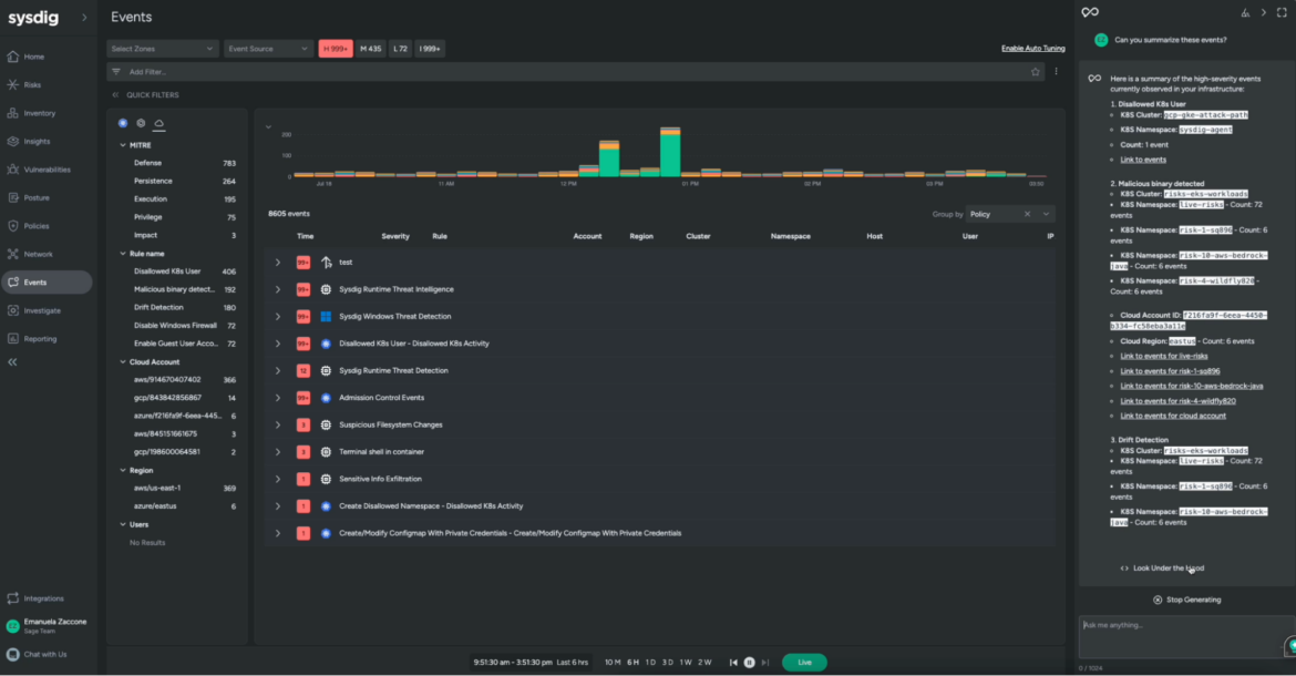 Sysdig Sage controlling the Sysdig Secure Events Feed